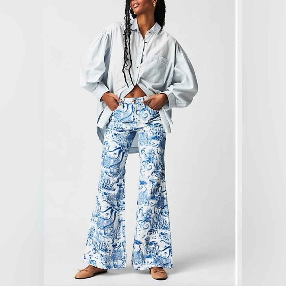 NWT Wrangler X Free People, Wanderer 622 Nautical Print High-Rise Jeans, 25/30